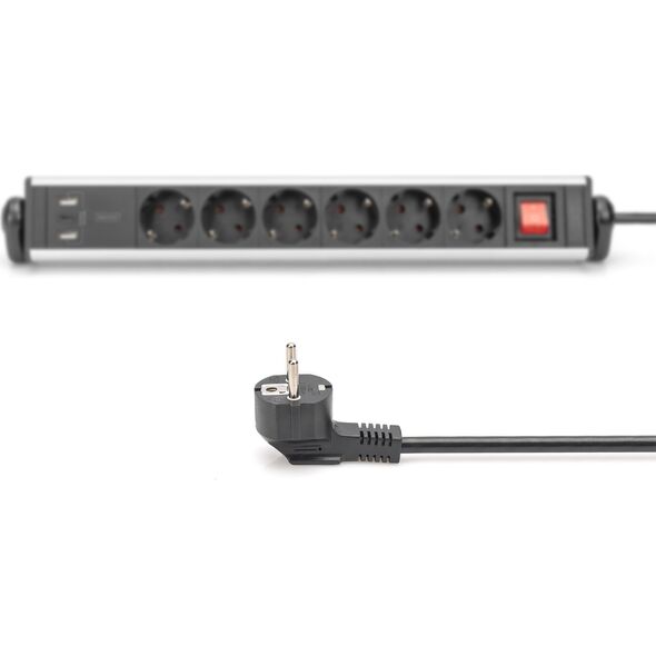 Listwa zasilająca Digitus Listwa zasilajšca biurowa 45° 6 gniazd, 2xUSB-A 1xUSB-C (5V/3,4A) możliwoć obrotu o 180°, aluminiowa, z zaciskiem na blat