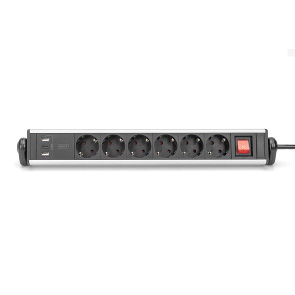 Listwa zasilająca Digitus Listwa zasilajšca biurowa 45° 6 gniazd, 2xUSB-A 1xUSB-C (5V/3,4A) możliwoć obrotu o 180°, aluminiowa, z zaciskiem na blat