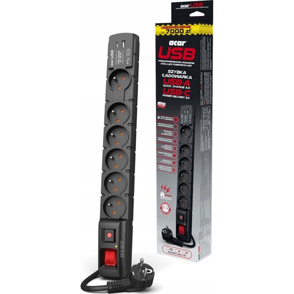 Listwa zasilająca Acar acar S6 USB A+C (szybka ładowarka) W2438