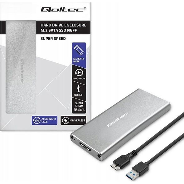 Kieszeń Qoltec Obudowa/kieszeń Qoltec na dysk M.2 SSD | SATA | NGFF | USB 3.0 | Super speed 5Gb/s | 2TB | Srebrny