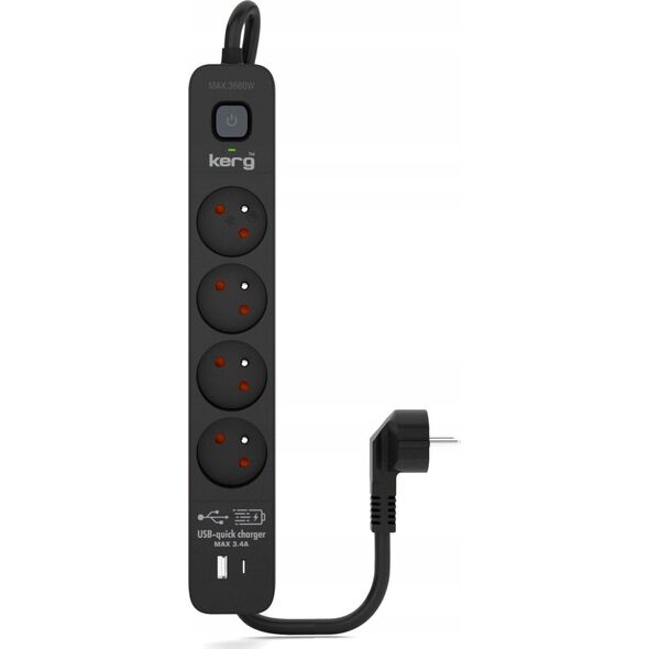 Listwa zasilająca Kerg Urządzenie zasilające zabezpieczające KERG z wyłącznikiem 4 gniazda USB-C USB-A czarne 5m 16A H05VV-F 3x1,5mm2