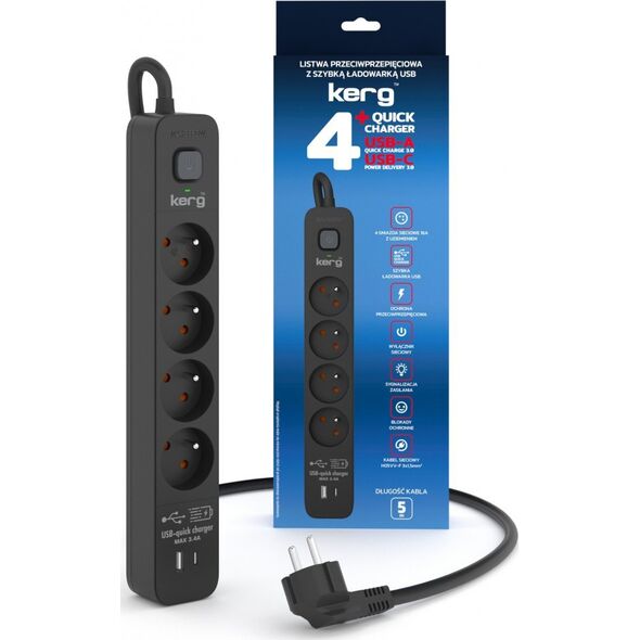 Listwa zasilająca Kerg Urządzenie zasilające zabezpieczające KERG z wyłącznikiem 4 gniazda USB-C USB-A czarne 5m 16A H05VV-F 3x1,5mm2