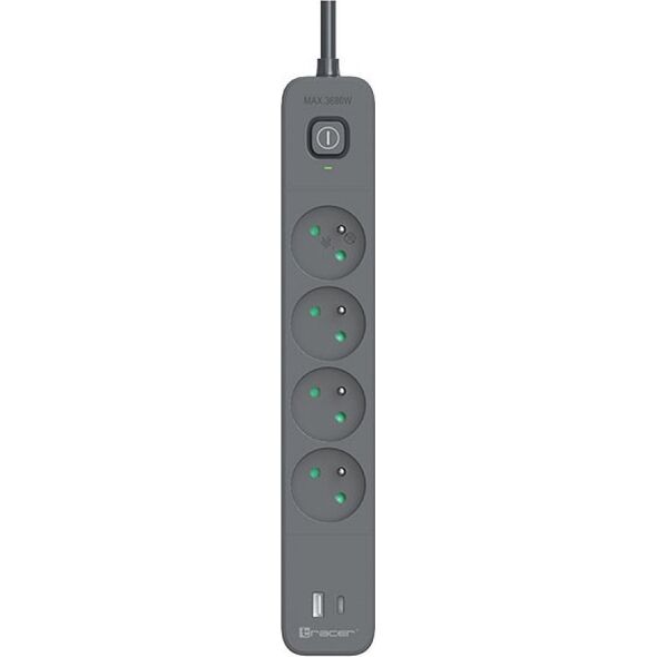 Listwa zasilająca Tracer Tracer Power Line+ 1,5 m 4 gniazd USB PD18W grafitowy