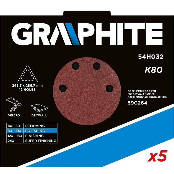 Graphite Papier ścierny na rzep K80, trójkątny z 12 otworami, 5szt do szlifierki 59G264