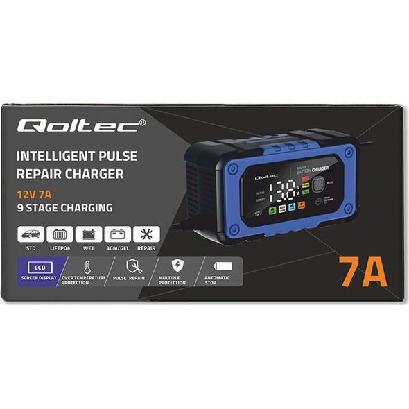 Qoltec Prostownik do akumulatora z funkcjš naprawy | Inteligentna mikroprocesorowa ładowarka | 12V | 7A | LED | 4 tryby