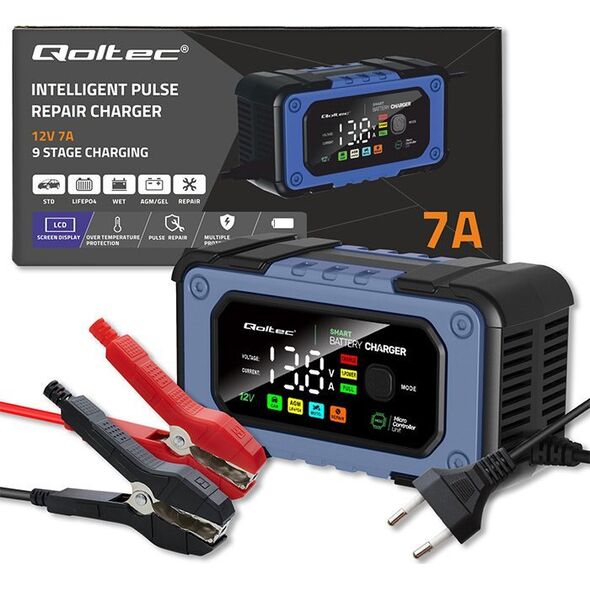 Qoltec Prostownik do akumulatora z funkcjš naprawy | Inteligentna mikroprocesorowa ładowarka | 12V | 7A | LED | 4 tryby