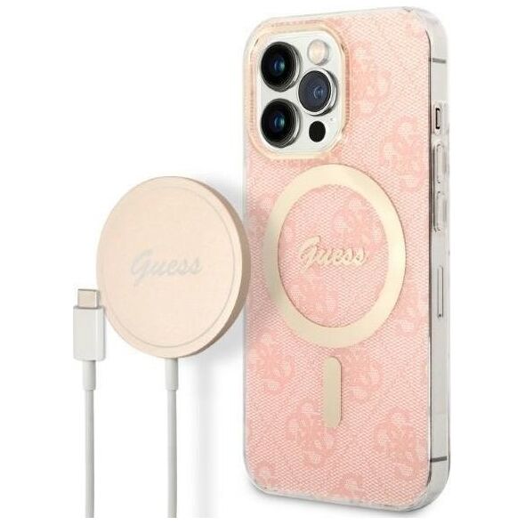 Ładowarka Guess Zestaw Guess etui + ładowarka bezprzewodowa GUBPP13LH4EACSP Apple iPhone 13 Pro różowy/pink hard case 4G Print MagSafe