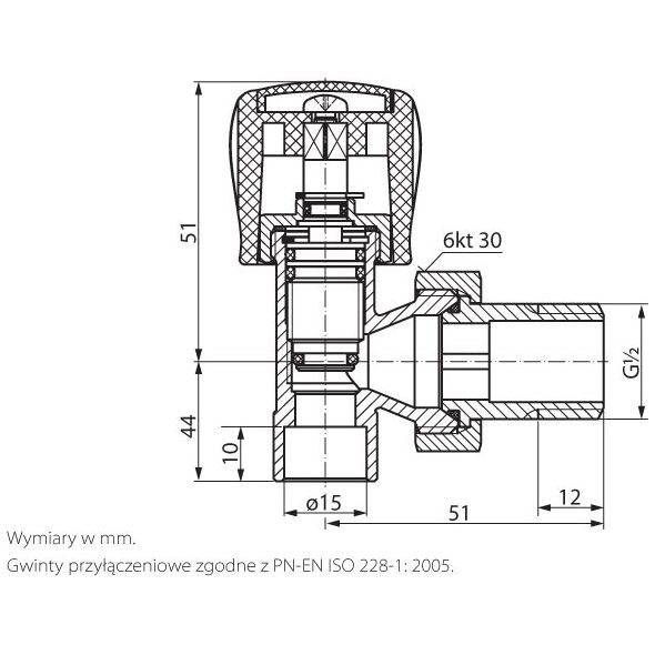 Perfexim Zawór grzejnikowy zasilający kątowy 1/2" do wlutowania PHA-032/L G1/2x15 (20-032-0100-200)