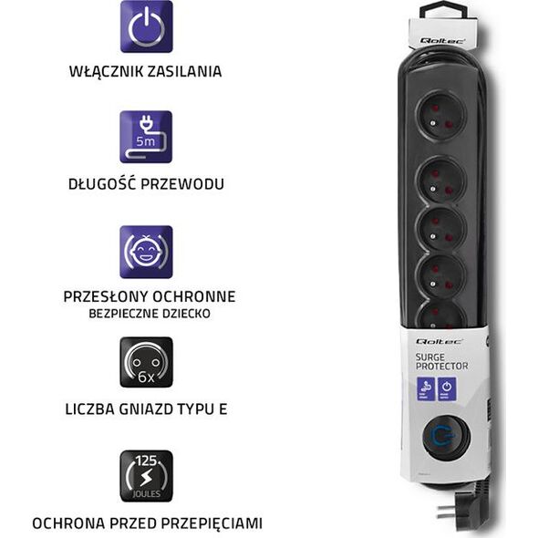 Listwa zasilająca Qoltec Swift przeciwprzepięciowa 6 gniazd 5 m czarna (50172)