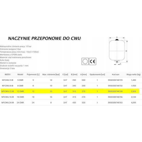 Hydroland Naczynie przeponowe do c.w.u. IBAIONDO 8l (NP.CWU.08.IB)