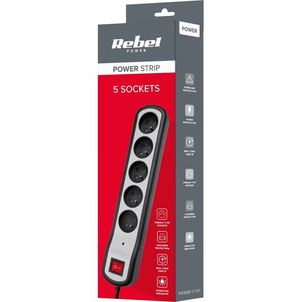 Listwa zasilająca Rebel Listwa zasilająca Rebel 5 gniazd z przełącznikiem (3m, 3x1,5mm)