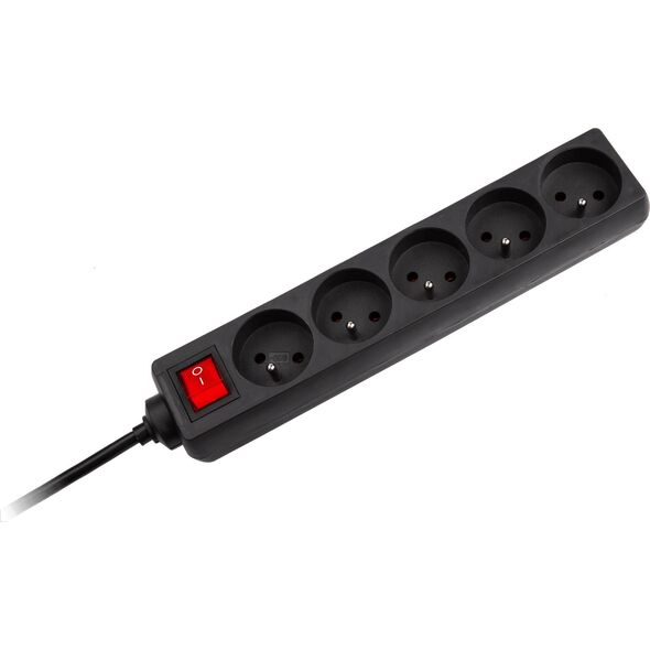 Rebel Przedłużacz sieciowy czarny 5 gniazd z przełącznikiem, kabel 3m (1,5mm)