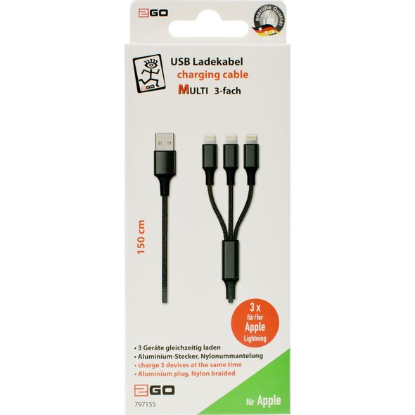Kabel USB 2GO USB-A - USB-C + microUSB + Lightning 1.5 m Czarny (797155)