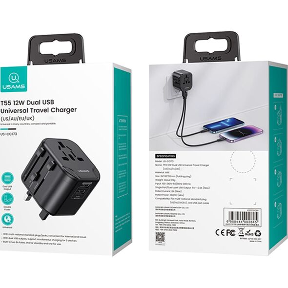 Ładowarka Usams Ładowarka Sieciowa USAMS 2xUSB T55 12W adapter uniwersalny 4w1 US/AU/EU/UK czarny CC173TC01 (US-CC173)
