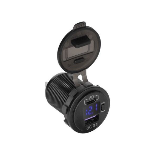 Ładowarka PeiYing Ładowarka samochodowa USB+USB typu C z funkcją Quick Charge, Power Delivery i miernikiem napięcia 48W