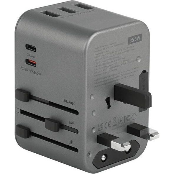 Ładowarka Energea ENERGEA ład. siec. 3xUSB+2xUSB-C PD-PPS-QC 3.0 35.5W 3A2C adapter 4w1 US/UA/EU/UK szary/gunmetal Travelworld