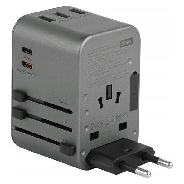 Ładowarka Energea ENERGEA ład. siec. 3xUSB+2xUSB-C PD-PPS-QC 3.0 35.5W 3A2C adapter 4w1 US/UA/EU/UK szary/gunmetal Travelworld