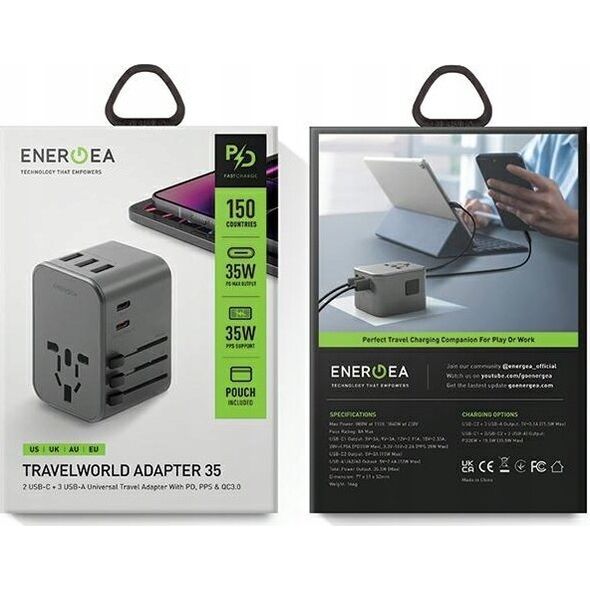 Ładowarka Energea ENERGEA ład. siec. 3xUSB+2xUSB-C PD-PPS-QC 3.0 35.5W 3A2C adapter 4w1 US/UA/EU/UK szary/gunmetal Travelworld