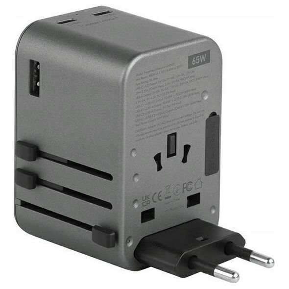 Ładowarka Energea ENERGEA ład. siec. 1xUSB+2xUSB-C PD-PPS-QC 3.0 65W 1A2C adapter 4w1 US/UA/EU/UK szary/gunmetal Travelworld Adapter GaN65W