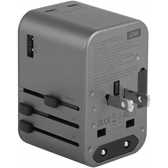 Ładowarka Energea ENERGEA ład. siec. 1xUSB+2xUSB-C PD-PPS-QC 3.0 65W 1A2C adapter 4w1 US/UA/EU/UK szary/gunmetal Travelworld Adapter GaN65W