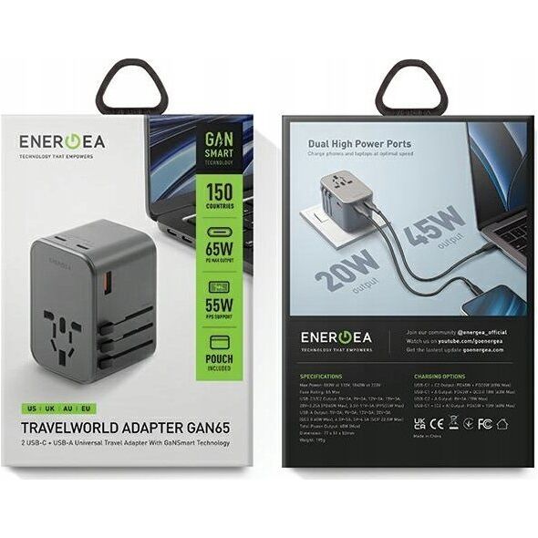 Ładowarka Energea ENERGEA ład. siec. 1xUSB+2xUSB-C PD-PPS-QC 3.0 65W 1A2C adapter 4w1 US/UA/EU/UK szary/gunmetal Travelworld Adapter GaN65W