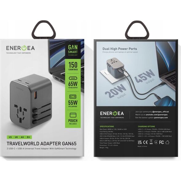 Ładowarka Energea ENERGEA ład. siec. 1xUSB+2xUSB-C PD-PPS-QC 3.0 65W 1A2C adapter 4w1 US/UA/EU/UK szary/gunmetal Travelworld Adapter GaN65W