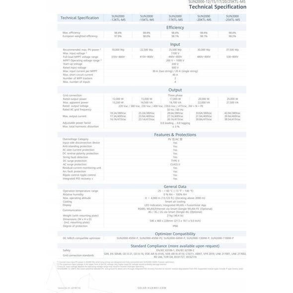 Huawei HUAWEI FUSIONSOLAR 3-PHASE INVERTER, DC 17KW/18,7KVA
