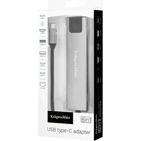 Adapter USB Kruger&Matz Adapter (HUB) USB typu C na HDMI/2x USB3.0/2x USB typu C/RJ45