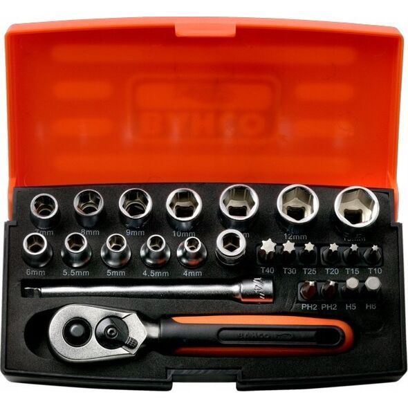 Bahco Galvučių, terkšlės ir priedų rinkinukas 4-13mm, antgaliai PH,HEX,TORX 1/4" 25vnt blisteryje. Bahco