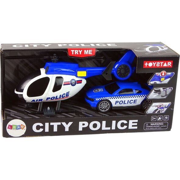 Zestaw Pojazdów Helikopter Auto Policja Dźwięk Niebieskie LEAN Toys