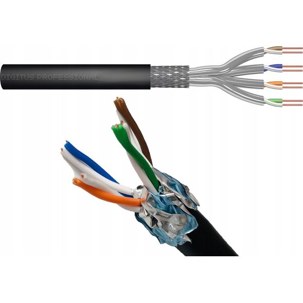 Digitus Kabel instalacyjny zewnętrzny suchy DIGITUS kat.7, S/FTP, Fca, AWG 23/1, PE, 100m, czarny
