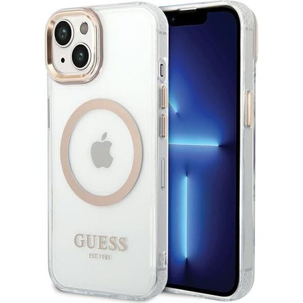 Guess GUHMP15MHTRMD iPhone 15 Plus / 14 Plus 6.7" złoty/gold hard case Metal Outline Magsafe