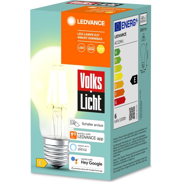 Osram LEDVANCE SMART+ BT CLA60 60 6 W/2500K E27, LED lamp (filament, Bluetooth, replaces 60 watts)