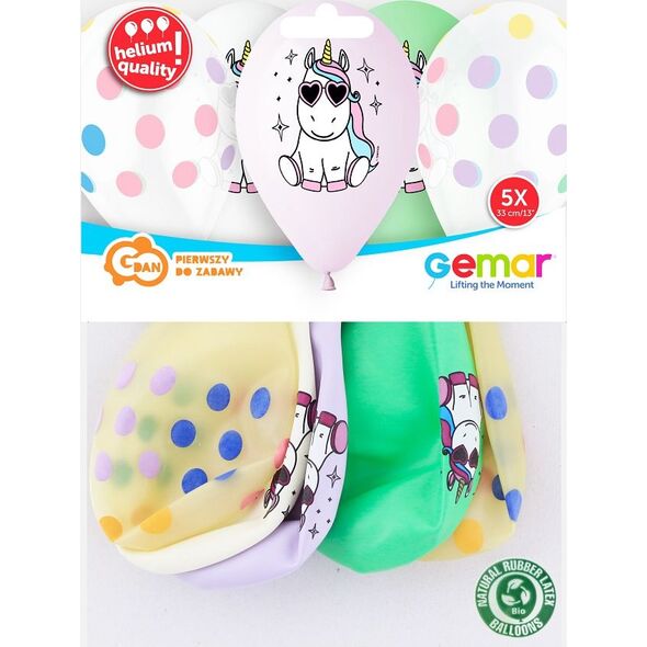 GoDan Balony premium Hel - Wesoły Jednorożec, 13" /op. 5 szt.