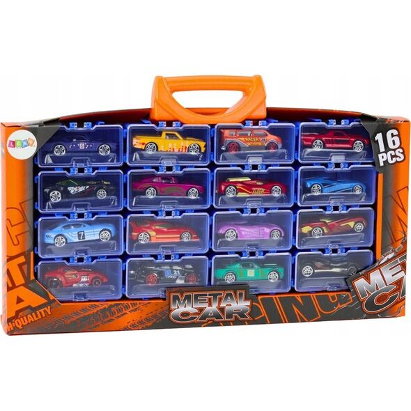 LeanToys Zestaw Autek Resoraków W Walizce Metalowe 16 Sztuk