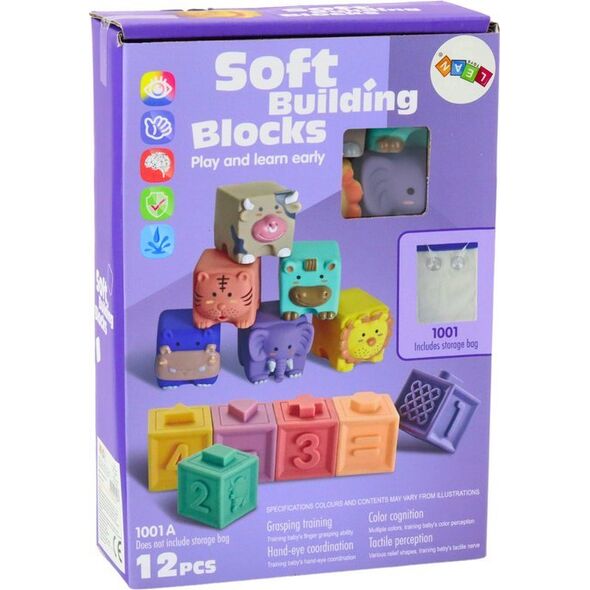 LeanToys Miękkie Klocki Edukacyjne Zwierzęta Liczby Litery Kolorowe 12 Szt