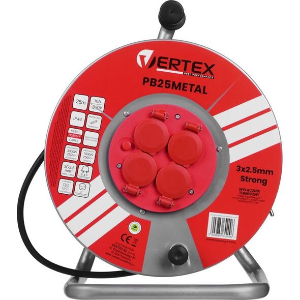 Vertex Przedłużacz elektryczny bębnowy 25M 3x2,5mm PB25METAL czarny