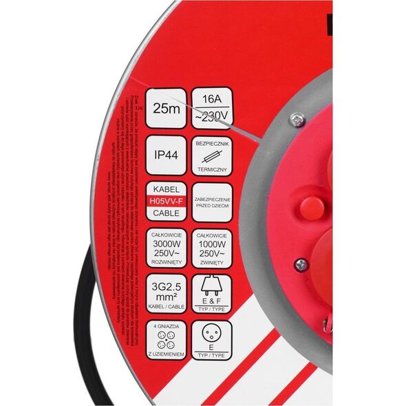 Vertex Przedłużacz elektryczny bębnowy 25M 3x2,5mm PB25METAL czarny