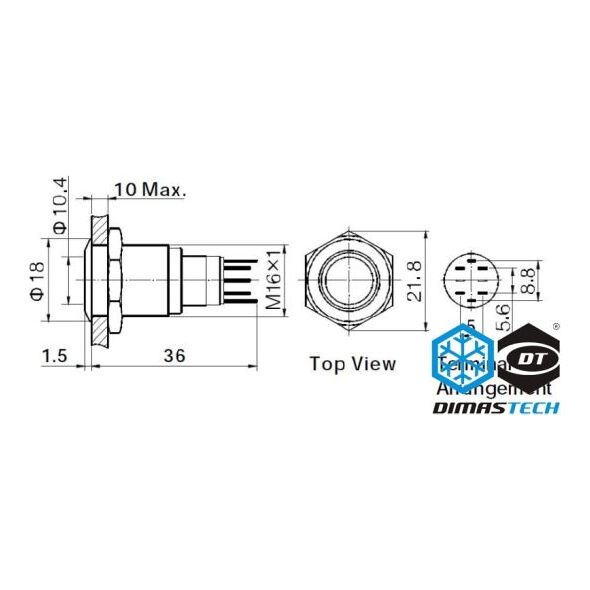 DimasTech Przycisk LED 16mm Żółty (PD030)