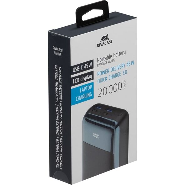 RivaCase POWERBANK DO LAPTOPA, TABLETU, SMARTF. 20.000 MAH USB-C 45W, 2X WE/WY USB-C PD 45W, 2X USB-A QC 3.0 18W, LCD, CZARNY