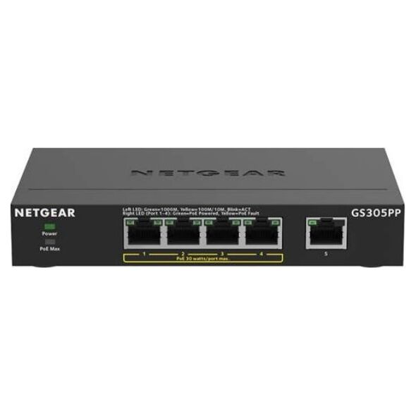 Switch NETGEAR GS305P PoE+ Gigabit Ethernet Unmanaged Plus Switch, 1x 1G Ethernet Port, 4x 1G PoE+ Ethernet Ports (83W)