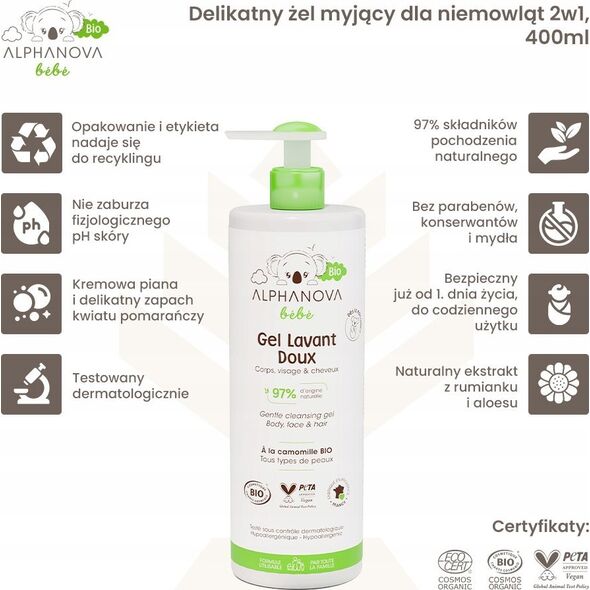 Alphanova Bebe Alphanova Bebe Bio, Απαλό τζελ πλυσίματος για μωρά 2 σε 1, 400ml 14222717 3760075073558
