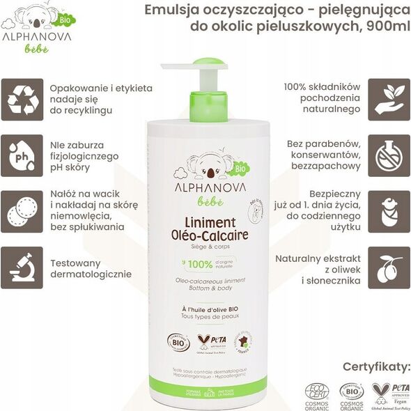 Alphanova Bebe Alphanova Bebe Bio, Γαλάκτωμα καθαρισμού με σύμπλεγμα περιποίησης για την περιοχή της πάνας, 900ml 14222715 3760075073596