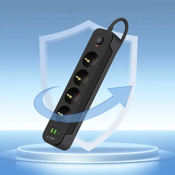 Tech-Protect PCL4X3 Power Socket Long 2xUSB-A, USB-C, 4xAC 200cm Black