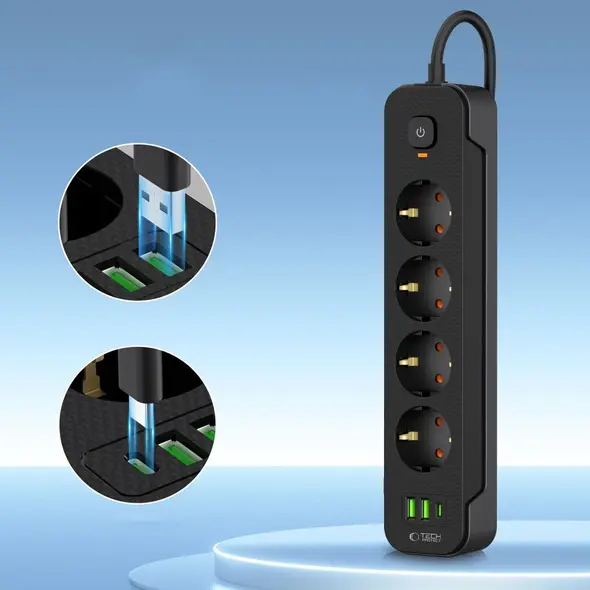 Tech-Protect PCL4X3 Power Socket Long 2xUSB-A, USB-C, 4xAC 200cm Black