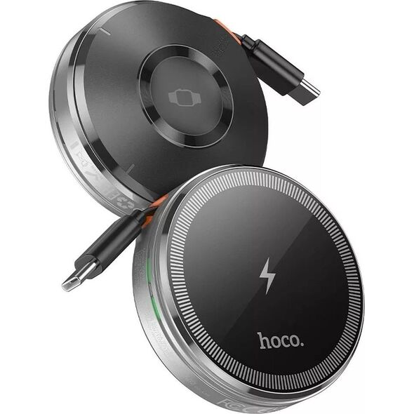 HOCO Ładowarka Indukcyjna Z Chowanym Kablem Typ C Kompatybilna Z MagSafe I Apple Watch 15W CQ18 Srebrna