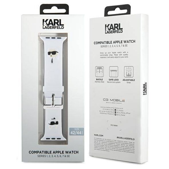 Strap for APPLE WATCH 4 / 5 / 6 / 7 / 8 / SE / ULTRA (42 / 44 / 45 / 49 MM) Karl Lagerfeld Strap 3D Rubber Karl&Choupette Heads (KLAWLSLKCNH) white 3666339190101