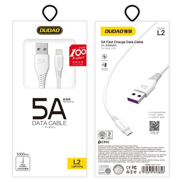 Dudao cable USB / Lightning 5A cable 1m white (L2L 1m white)