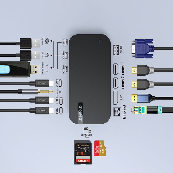 Choetech M52 adapter USB-C / USB-C PD, USB-C, USB-A, HDMI, VGA, DP, SD, TF, RJ45, AUX grey