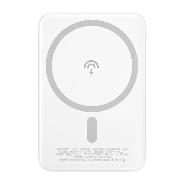 Dudao Wireless MagSafe Power Bank 10W (5W Magsafe) 5000mAh + Metal Adapter Magnetic Charging Ring White (K14S)